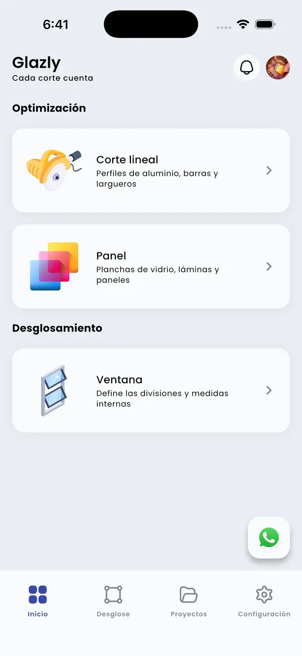 Vista principal de la app Glazly